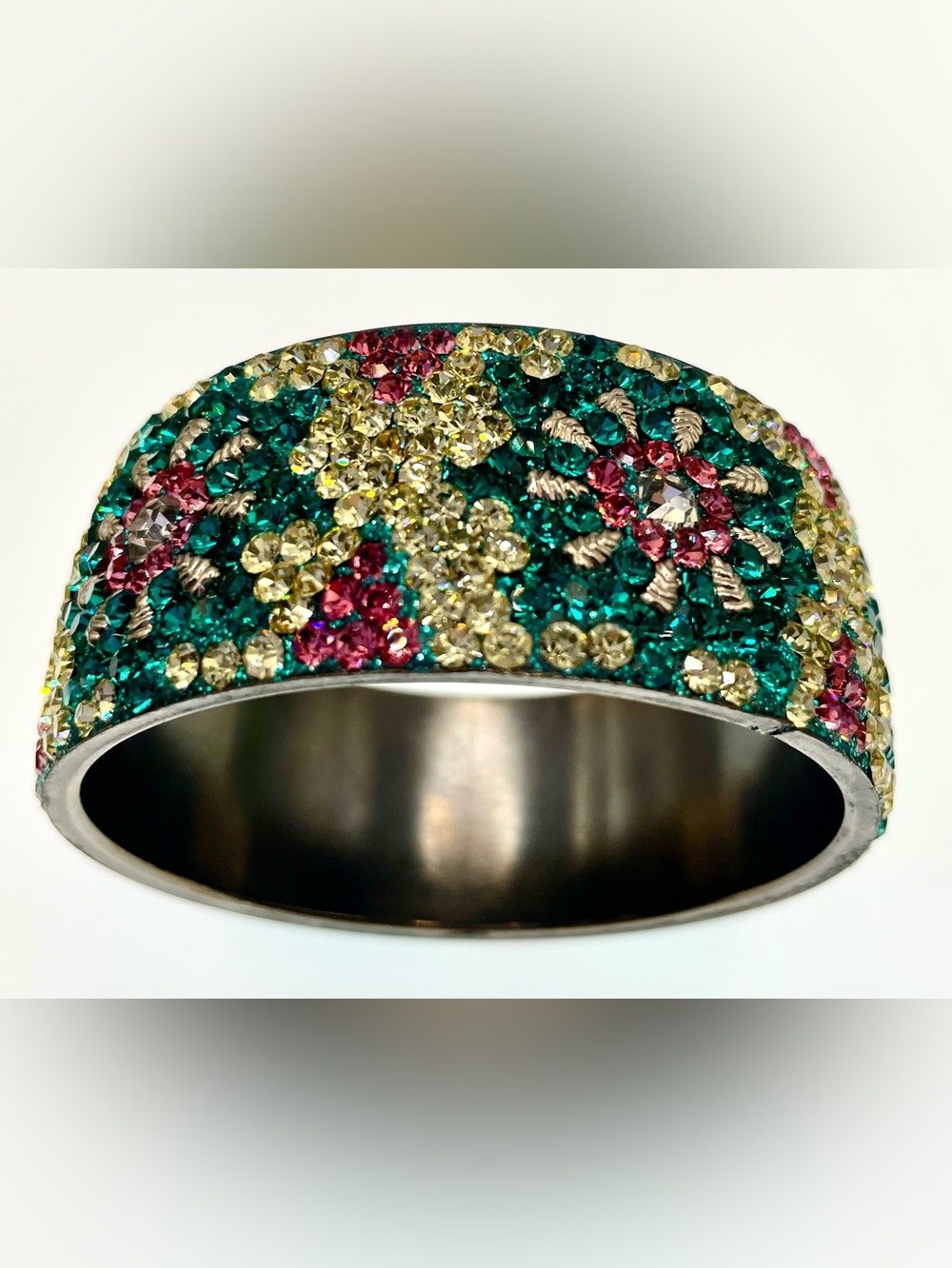 Vintage Rhinestone Crystal Floral Cuff Bracelet Wide Multicolor Statement - Picture 4 of 10